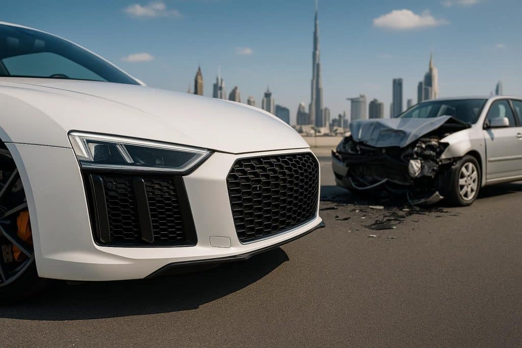 Luxury cars parked in Dubai with high-end cityscape, symbolizing misconceptions about insurance