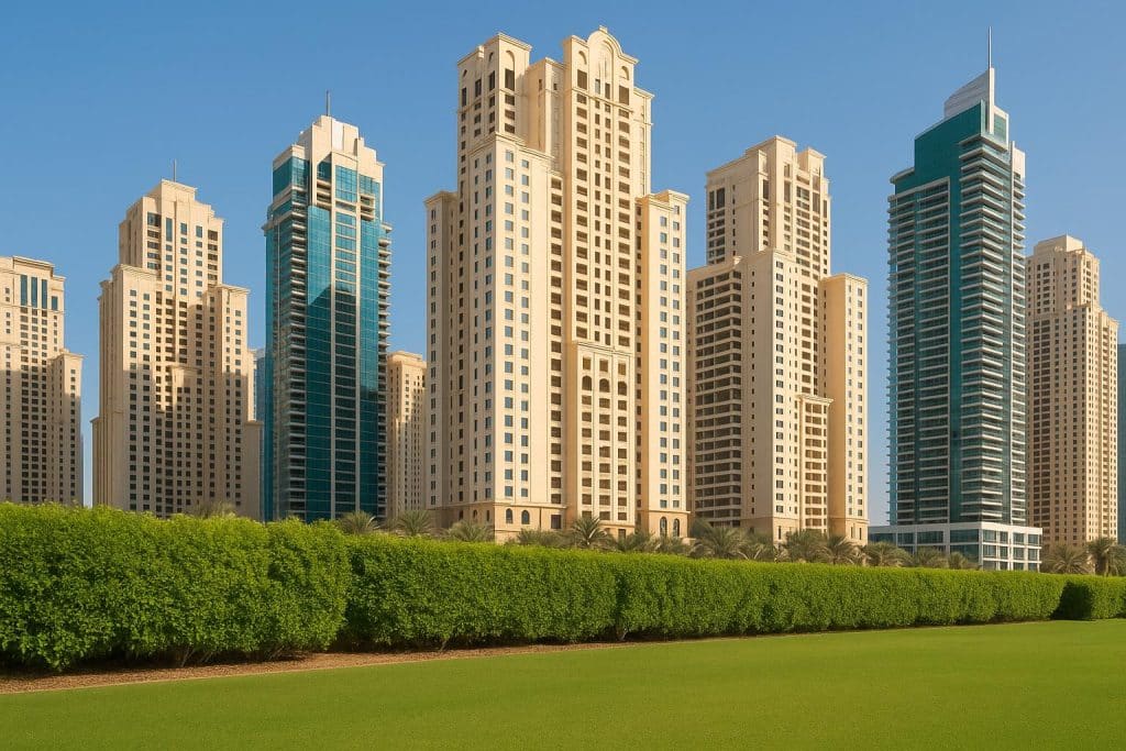 Luxury Dubai apartment complex with lush landscaping and pristine modern architectural features