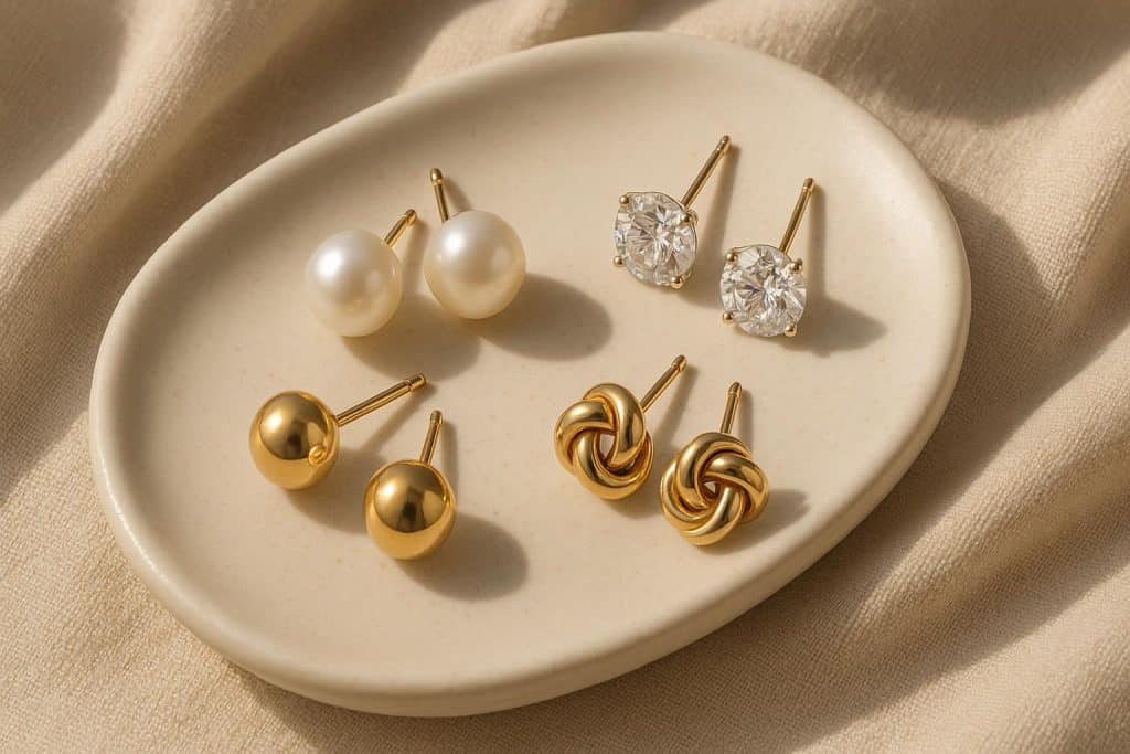 Classic stud earrings showcased on a jewelry display, highlighting timeless accessory appeal