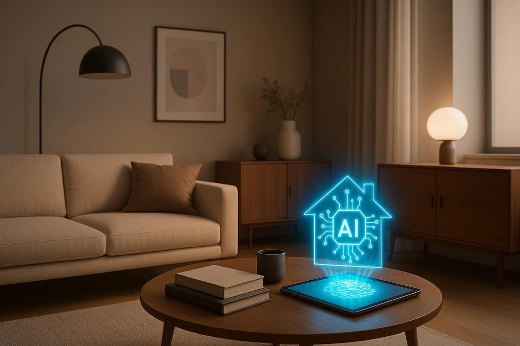 AI-powered smart living room with modern furniture, automated lighting, and sleek decor