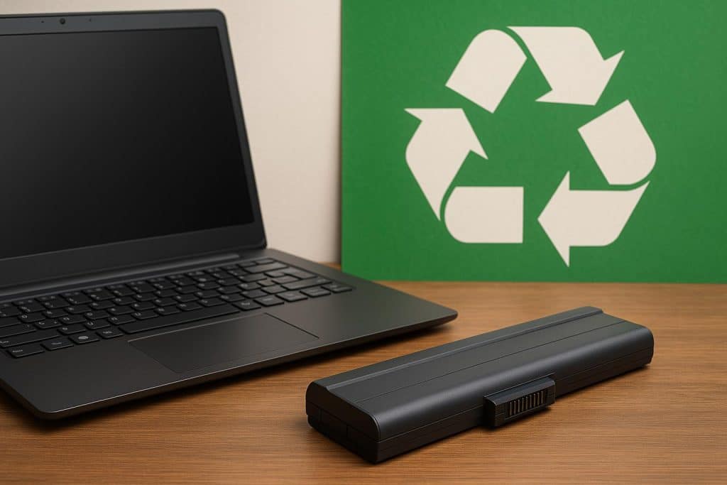 Old laptop batteries collected in a recycling bin, promoting eco-friendly business practices