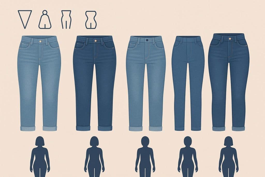 Assorted women’s jeans in different styles and fits displayed to highlight options for body types