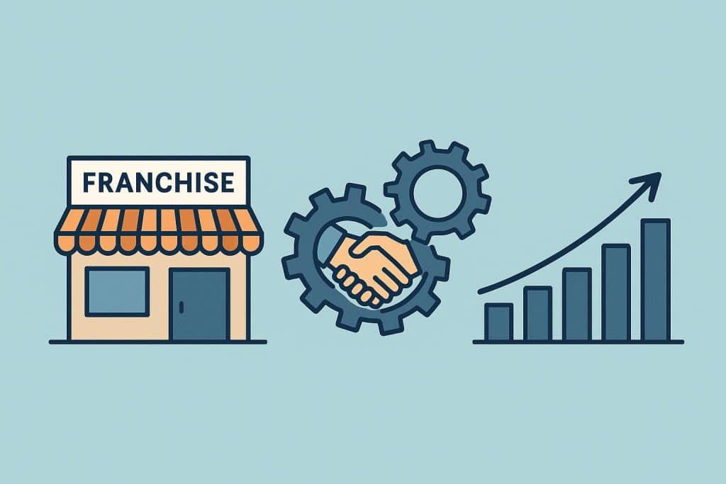 Business partners shaking hands over franchise agreement with documents and coffee on the table