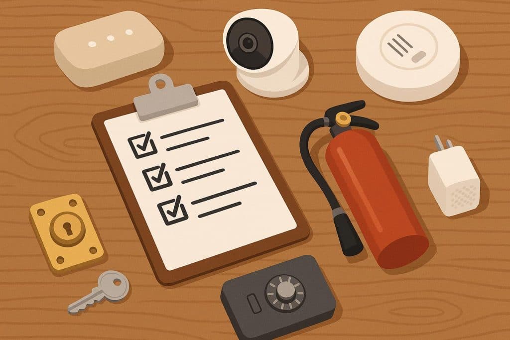 Comprehensive home safety checklist with fire alarm, first aid kit, and smart security devices