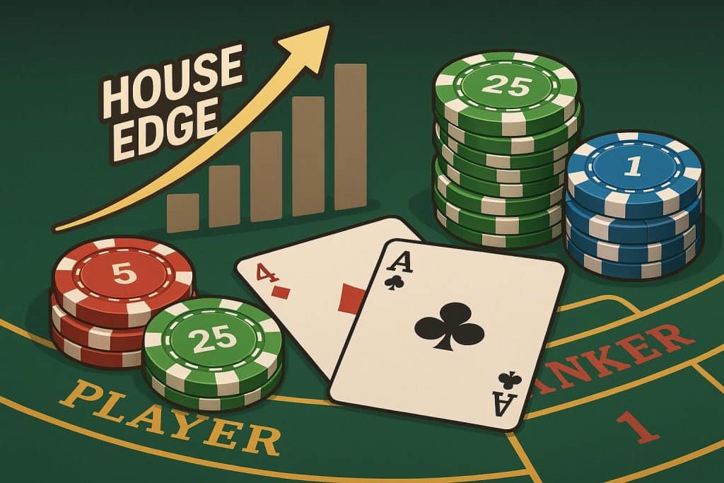 Online baccarat table with virtual cards and chips illustrating house edge concept