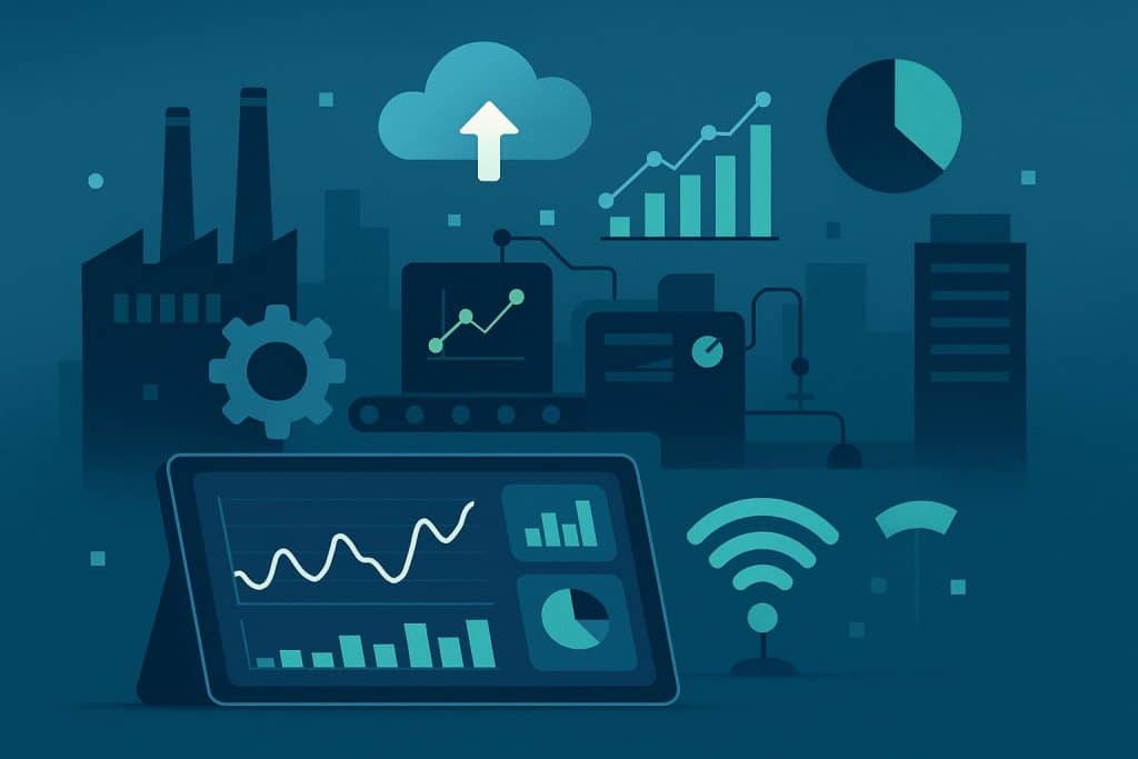 Industrial control center monitoring real-time data analytics to prevent production shutdowns