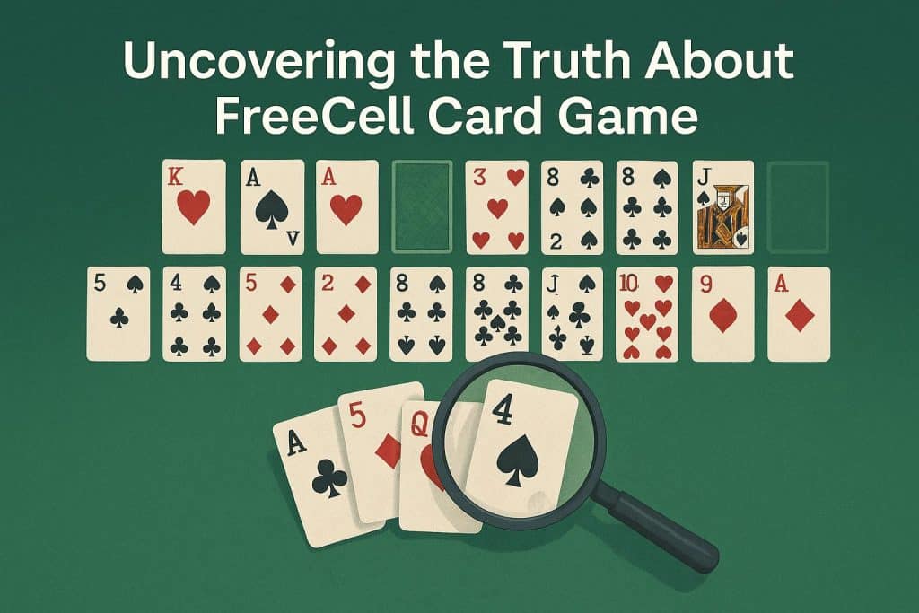 FreeCell solitaire game layout with playing cards on a digital screen background