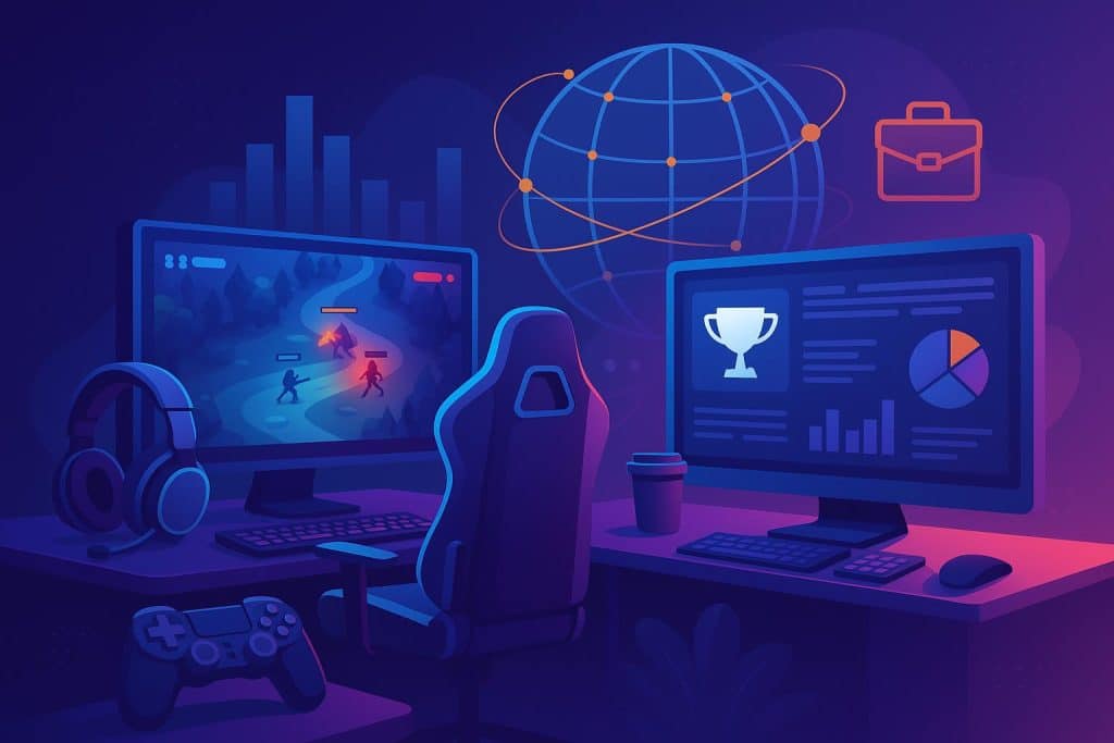 Esports tournament stage with gamers competing, digital screens, and vibrant lighting effects
