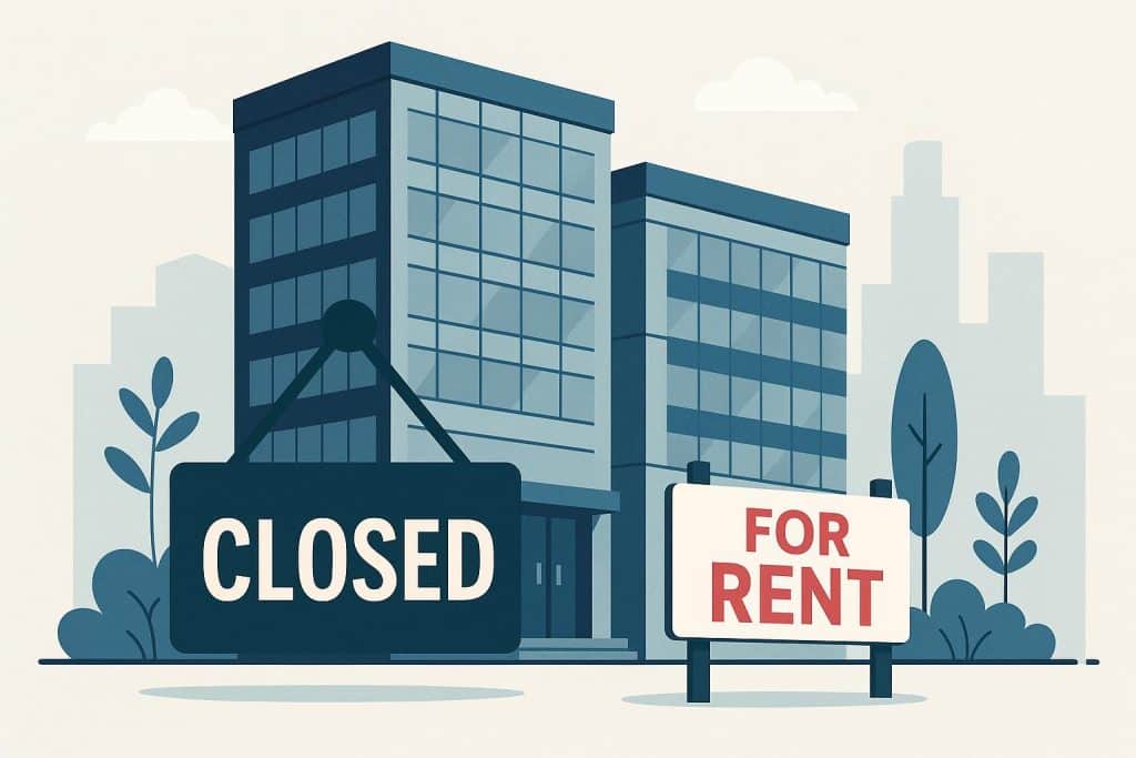 Modern office buildings with "For Rent" signs reflecting shifting business workspace demand