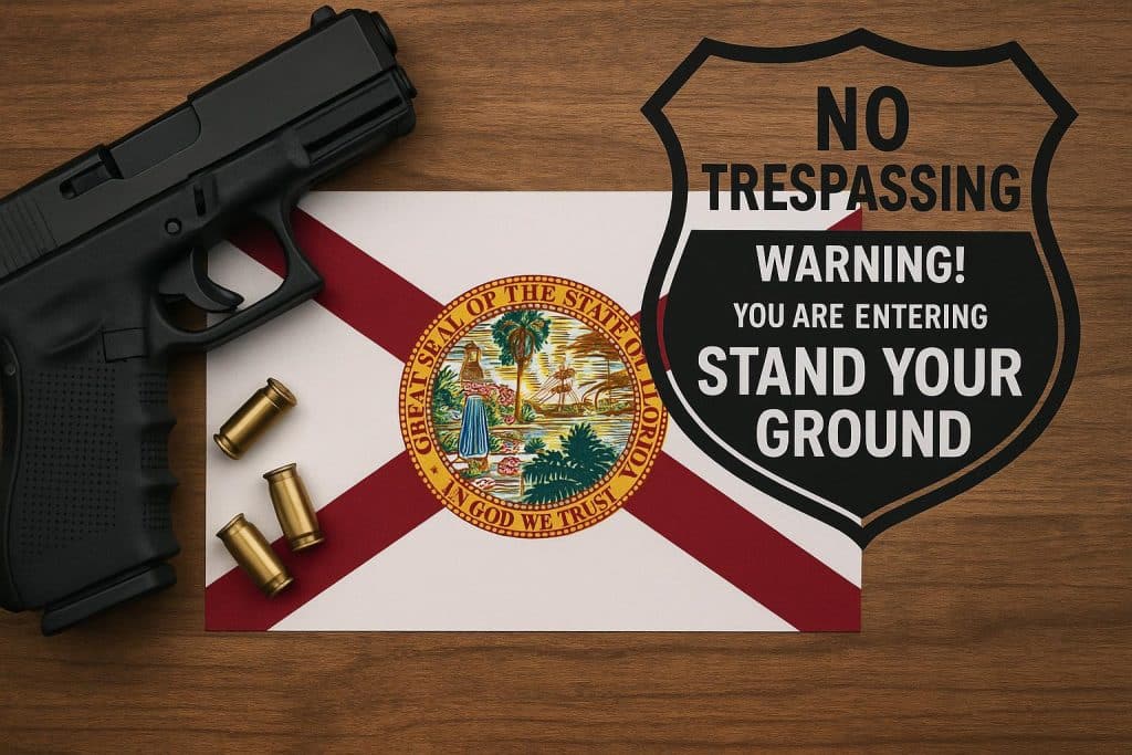 Florida Stand Your Ground law concept with state map, courthouse, and legal symbols