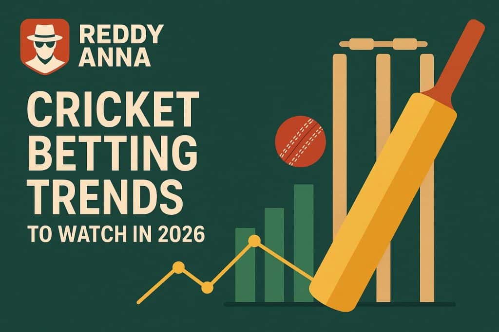 Cricket betting trends with Reddy Anna logo and data charts illustrating predictions for 2026