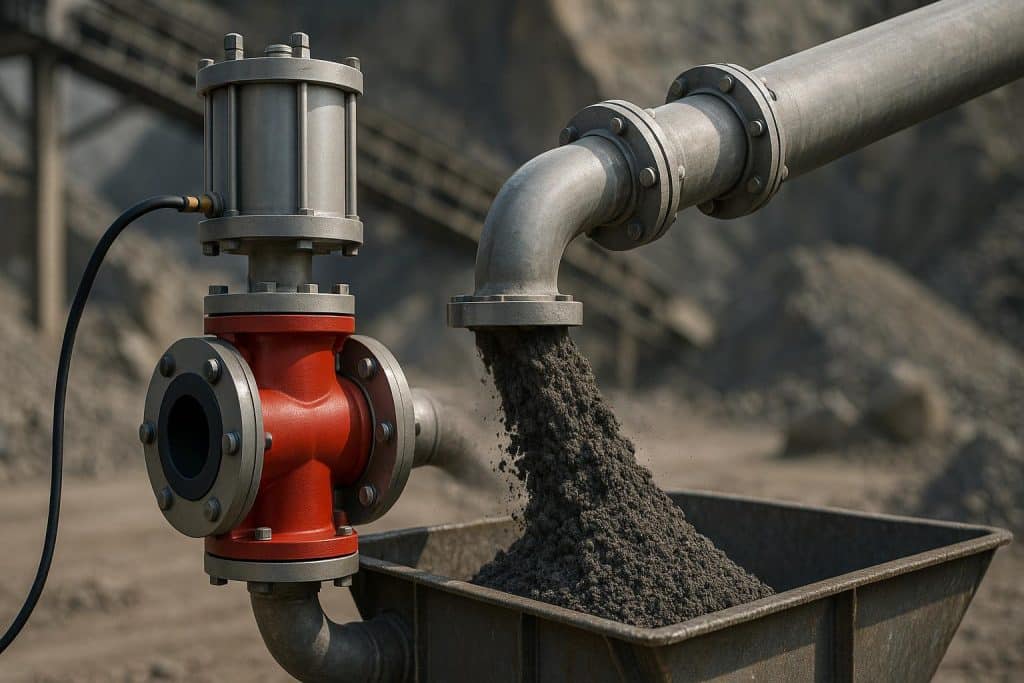 Pneumatic pinch valve controlling abrasive materials flow in industrial solids handling application