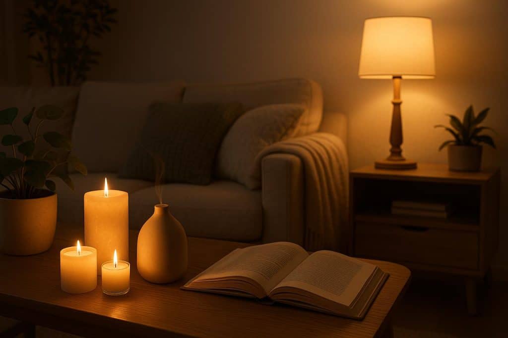 Cozy living room with soft lighting, lush plants, and calming decor for a relaxing atmosphere