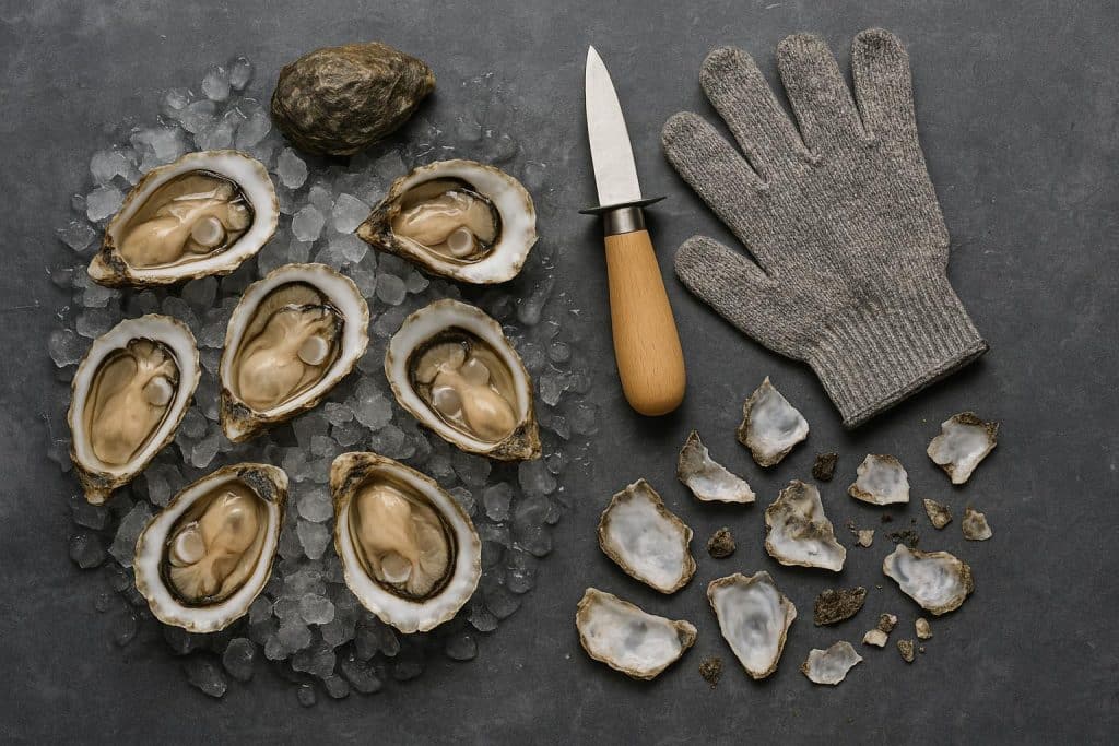 Fresh oysters being shucked with a knife on a wooden board, featuring essential oyster tools