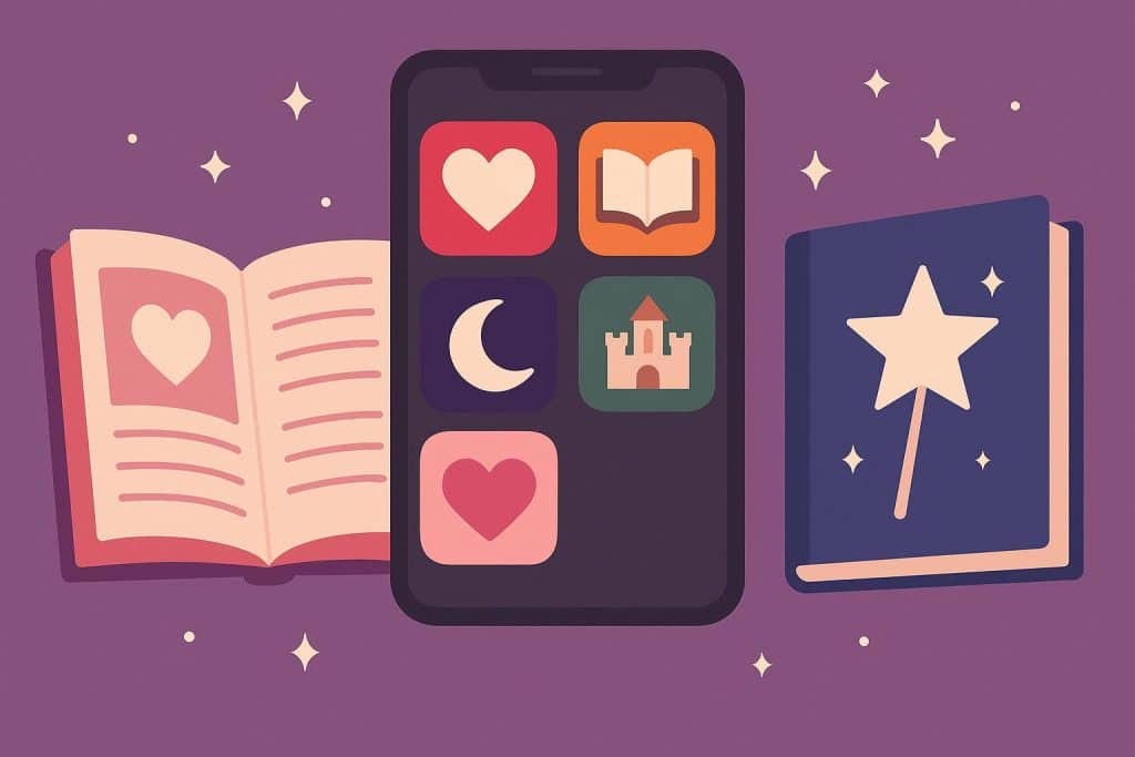 5 Popular Apps For Romance Books And Fantasy Stories Romance and fantasy book app icons displayed on a smartphone with books in the background