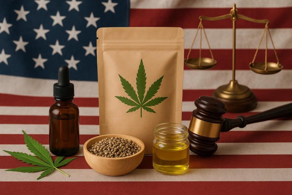 Hemp products with compliance labels and testing reports under U.S. regulations and laws