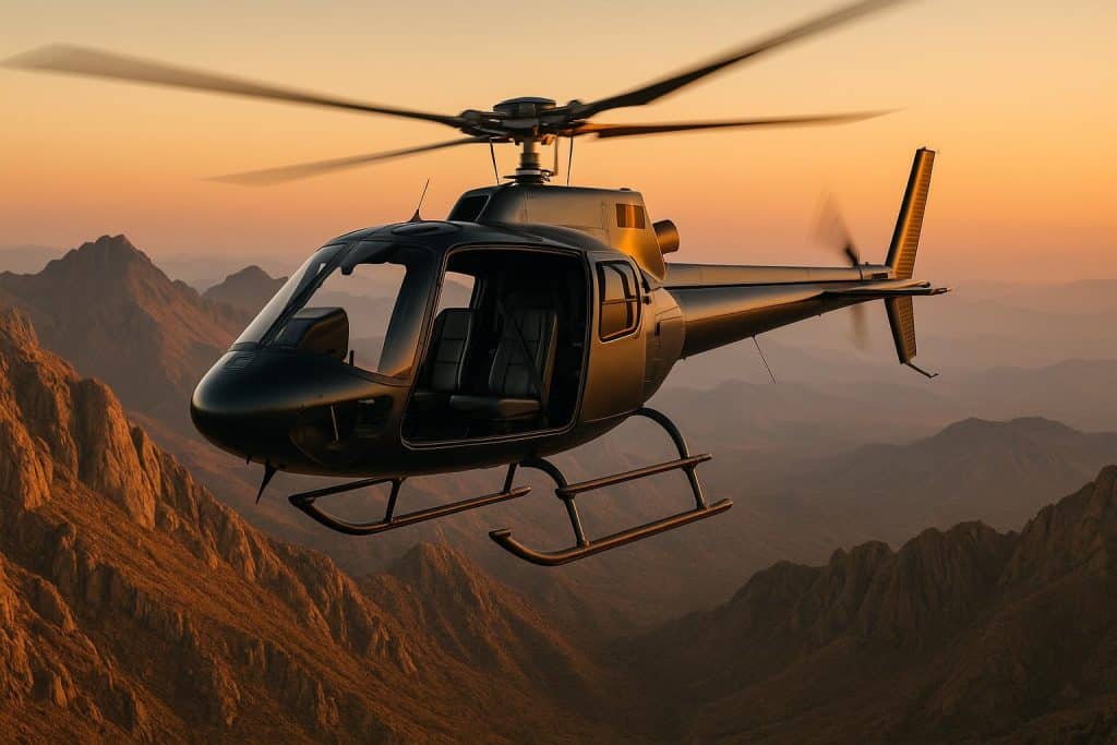 Scenic aerial view from a doorless helicopter showcasing dramatic landscapes and vibrant skies