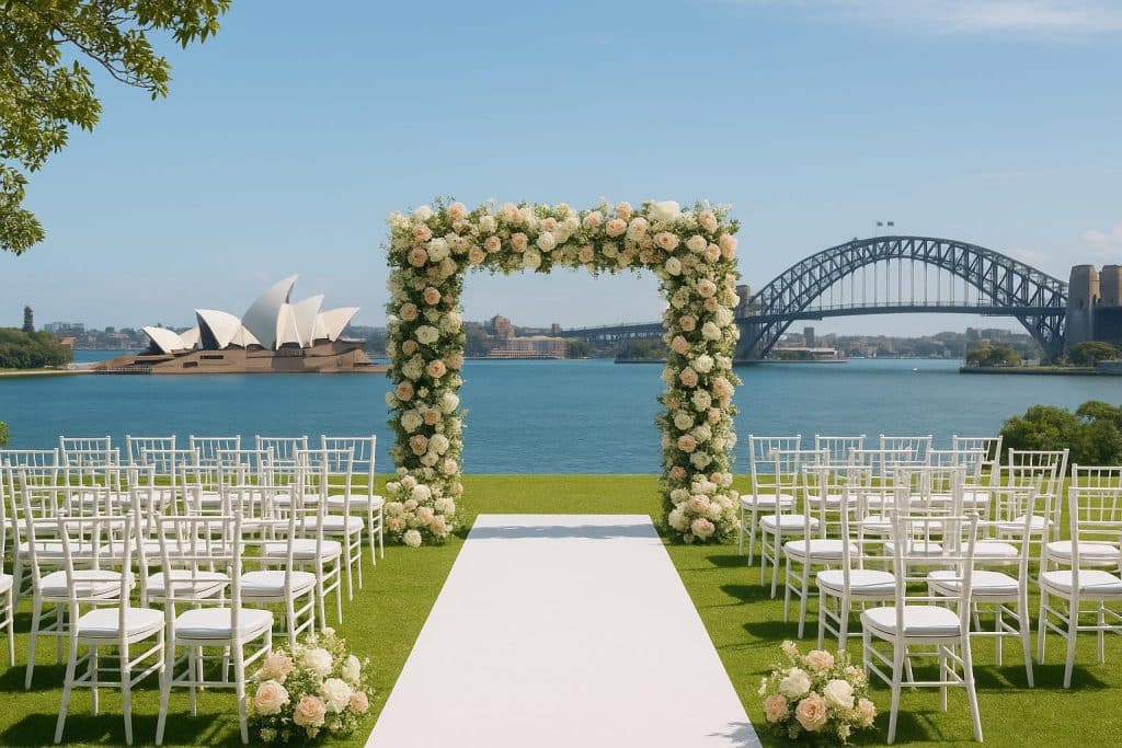 Elegant Sydney wedding venue with floral decorations and waterfront views for ceremony inspiration
