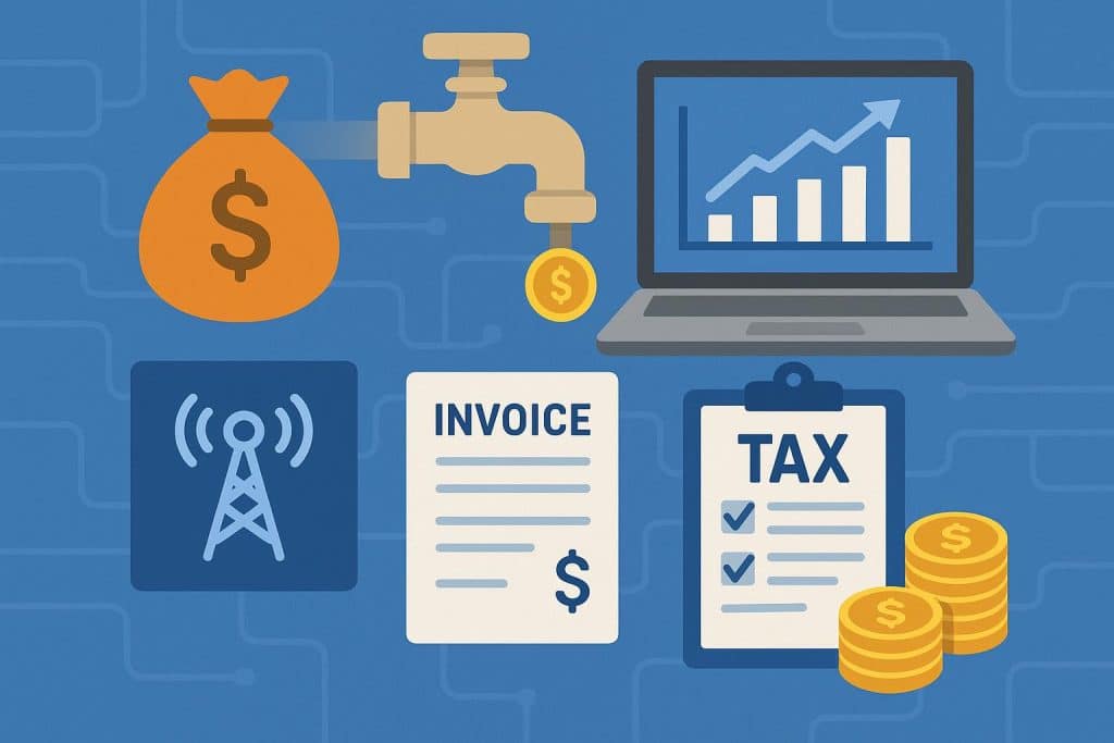 Telecom billing dashboard illustrating automated tax processes to prevent revenue leakage