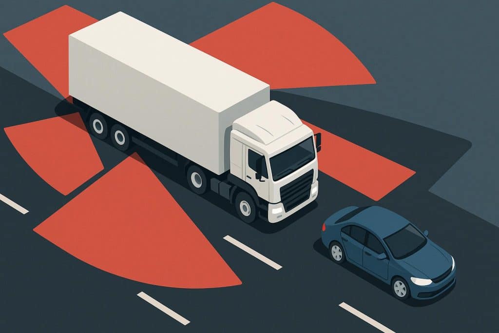 Why Truck Blind Spots Are More Dangerous Than Passenger Vehicles Large truck highlighting blind spots compared to a passenger car on a busy multi-lane road
