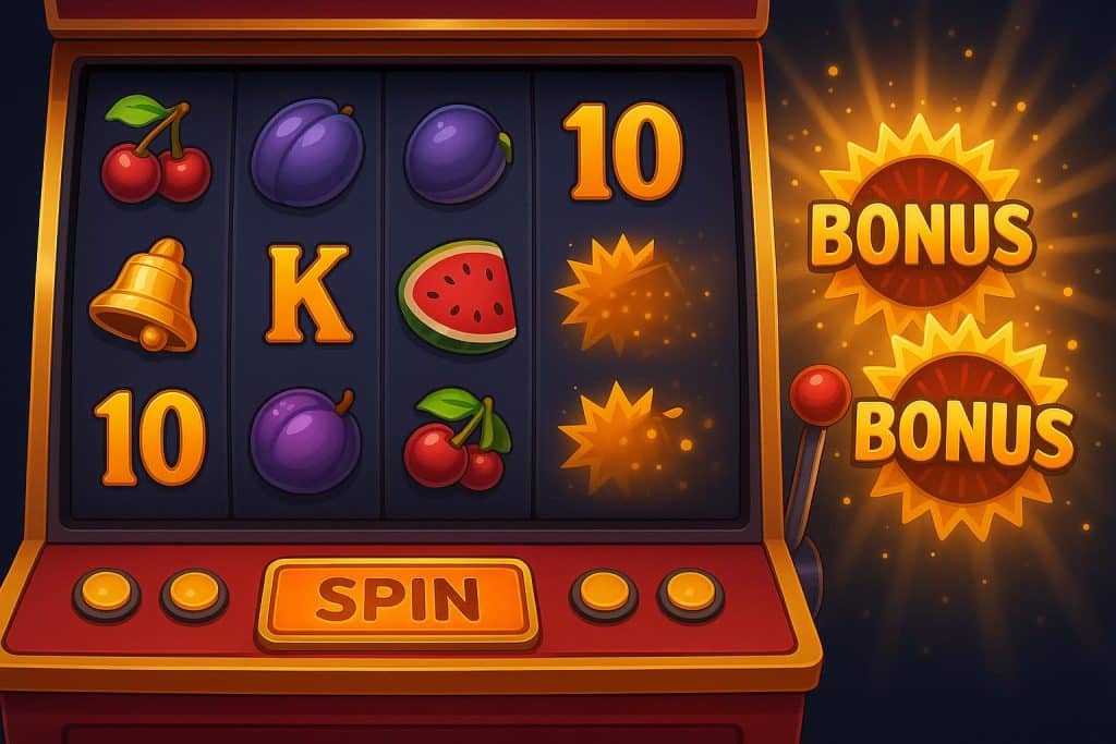Colorful slot machine reels spinning, bonus round in progress, vibrant casino atmosphere