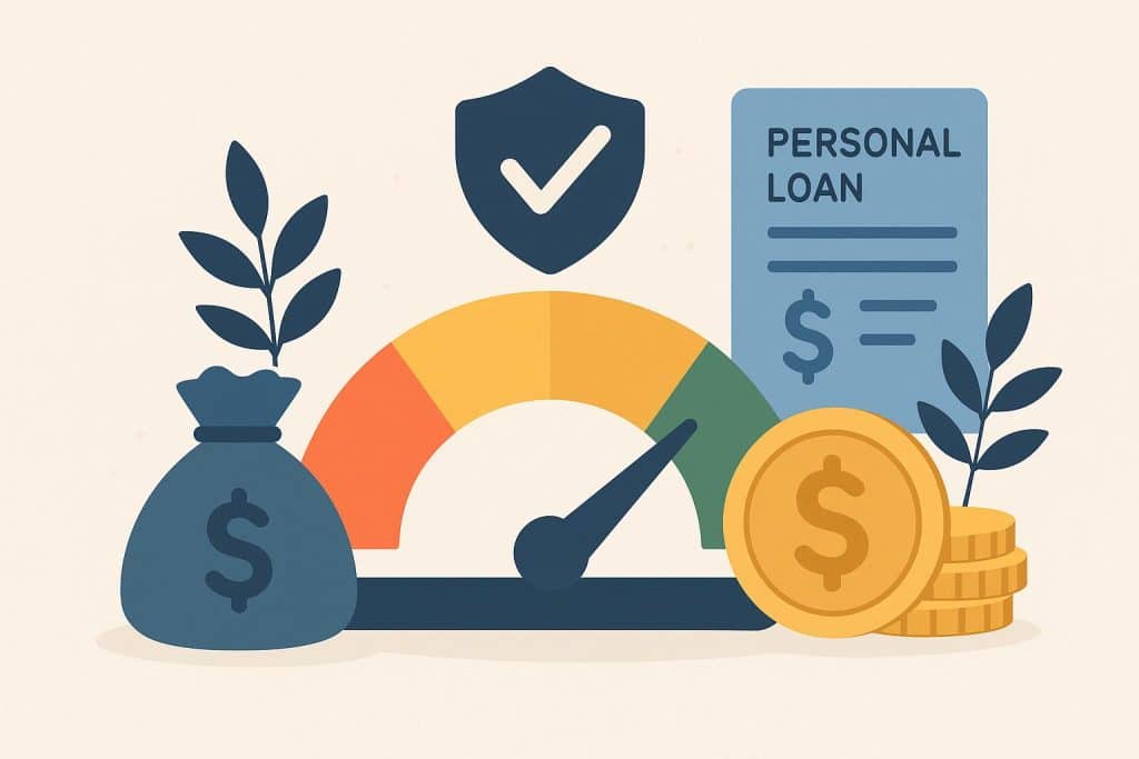 Credit score report and dollar bills illustrating money savings on personal loans with good credit