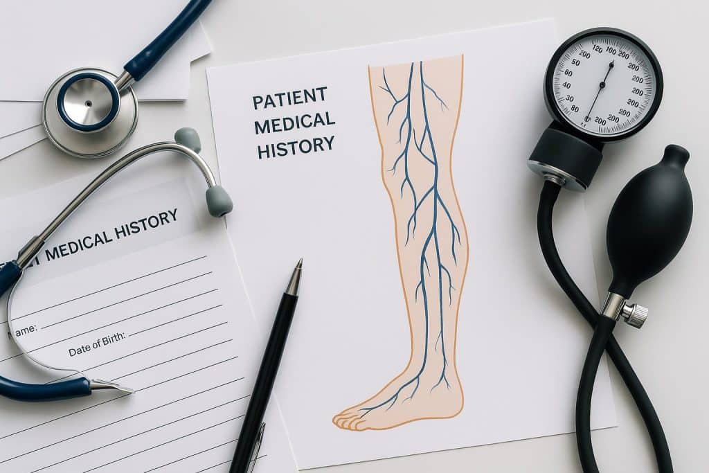 Doctor examining patient's leg veins during initial consultation at a vein specialist clinic