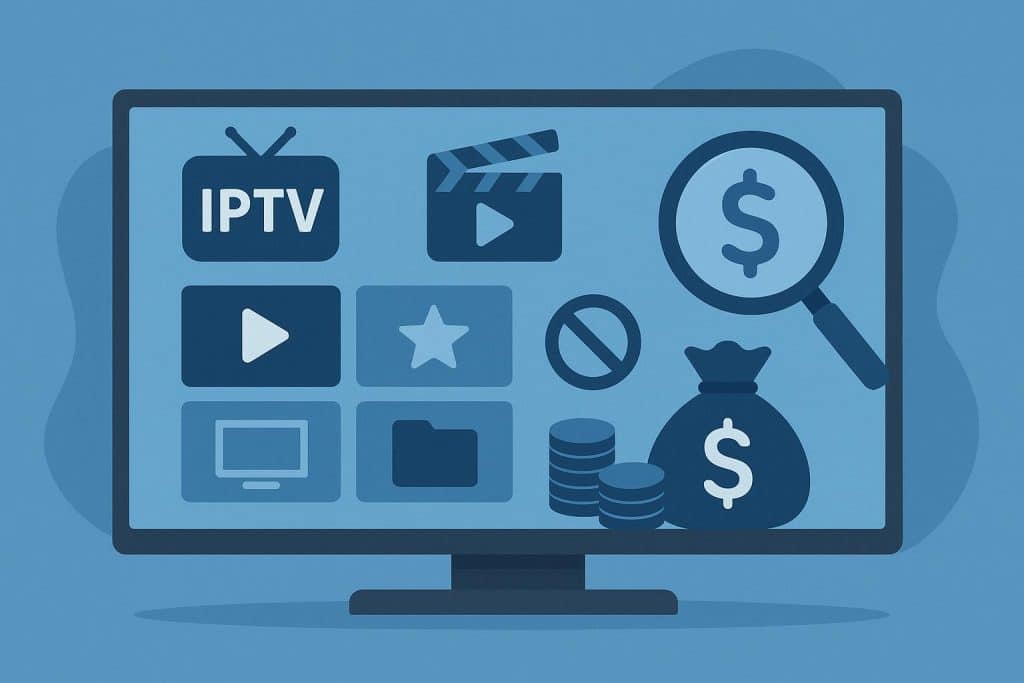 Streaming devices and IPTV app icons representing top IPTV services and provider selection tips