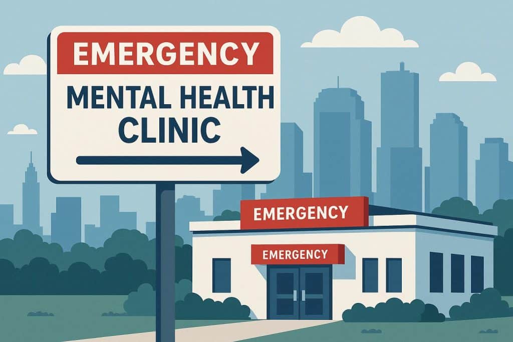 Modern emergency mental health clinic exterior with clear Houston signage and welcoming entrance