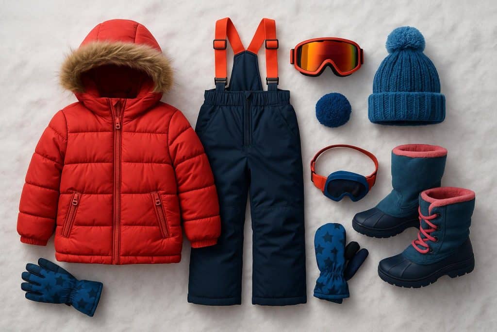 Children’s winter jackets, snow pants, and boots displayed with sleds in a snowy outdoor setting