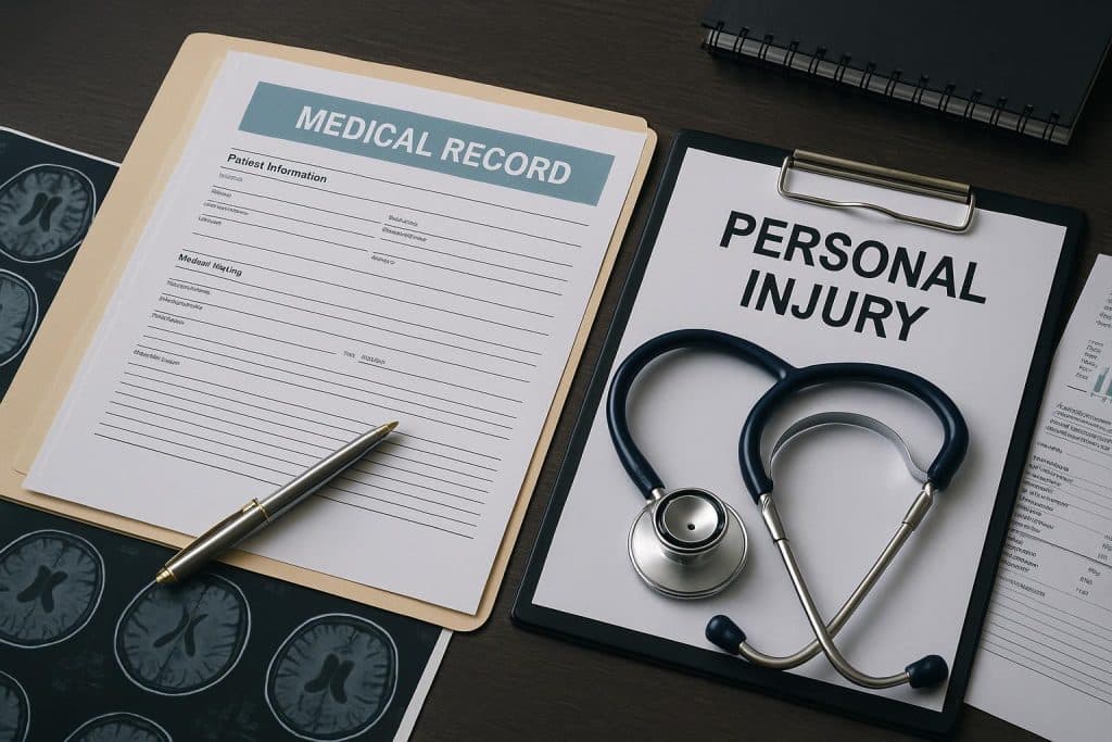 Personal injury lawyer organizing and reviewing complex medical records for legal case documentation
