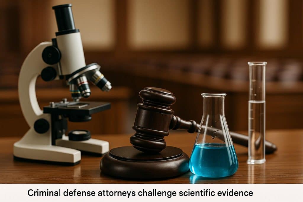 Courtroom scene with attorney examining forensic evidence during a criminal defense trial