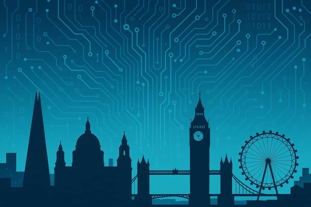 London skyline with digital and technology icons representing leading transformation companies