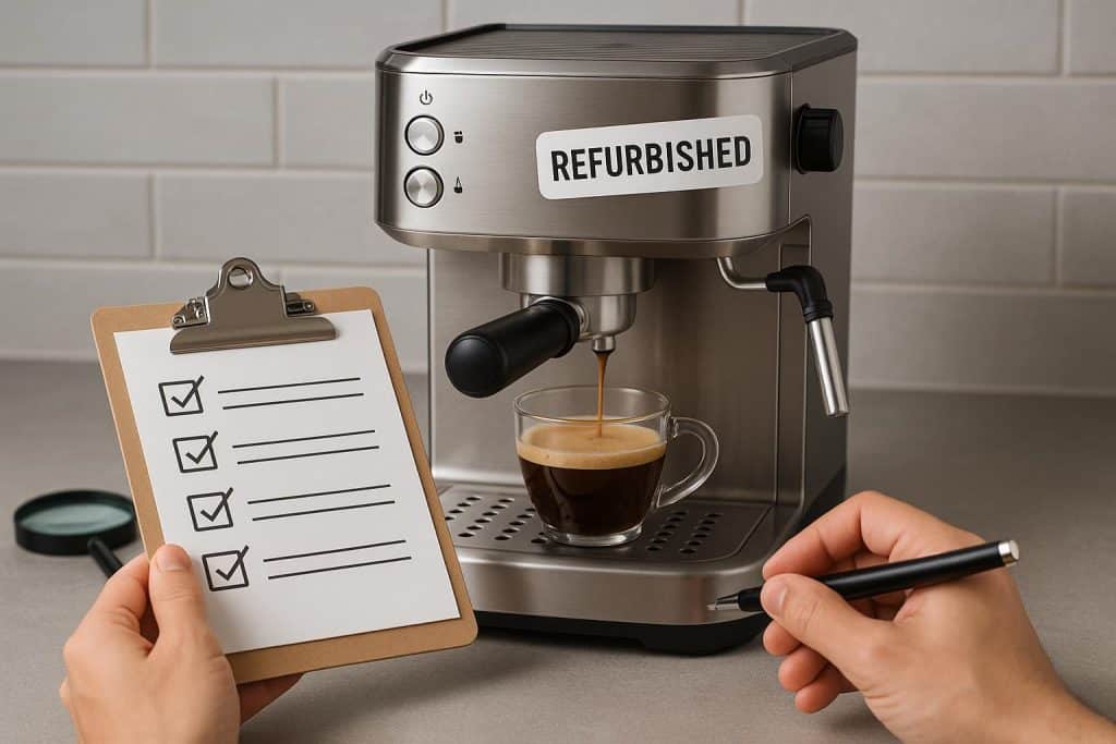 Close-up of a refurbished espresso machine being inspected before purchase