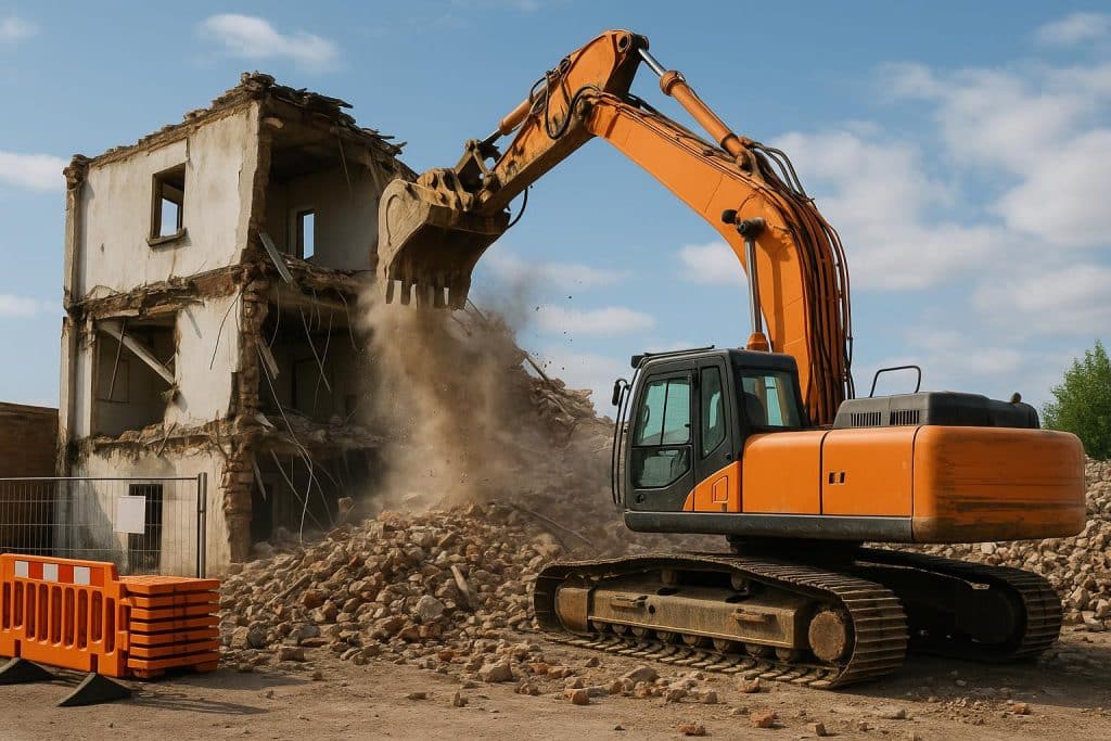 Excavator tearing down building structure amid rubble at commercial demolition site