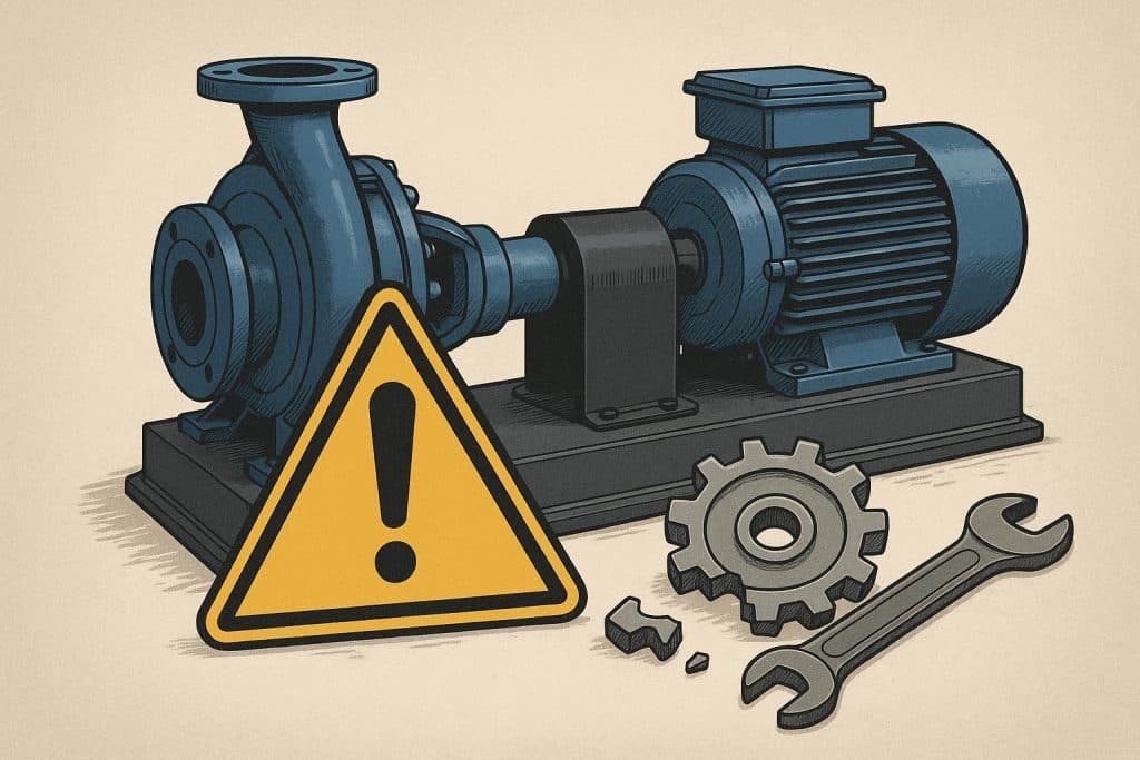Industrial pump system with highlighted components illustrating common failure points and prevention steps