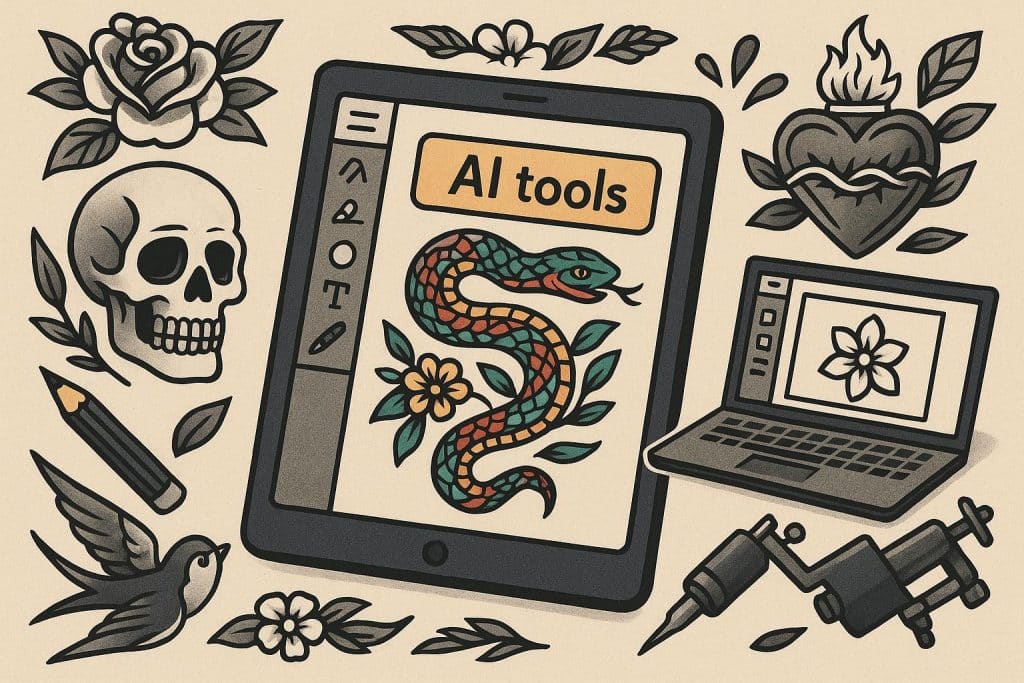 AI-generated tattoo design sketch displayed on digital tablet with creative art tools nearby