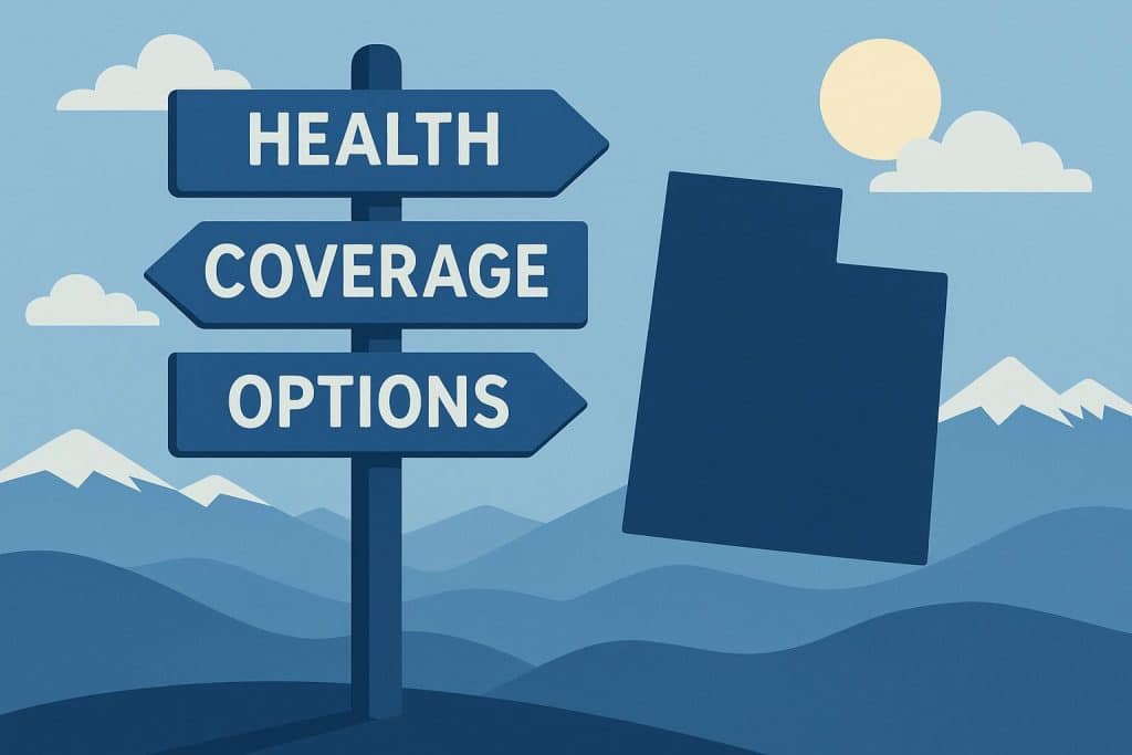 Utah health coverage options map with medical icons highlighting insurance choices