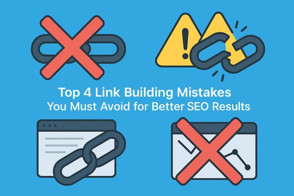 Common link building mistakes in SEO, chains with broken links, warning symbols, website ranking