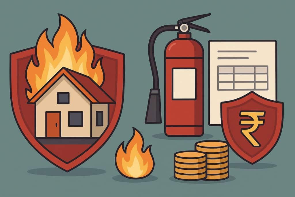 Fire insurance policy document, house model, coins, and calculator representing premium factors