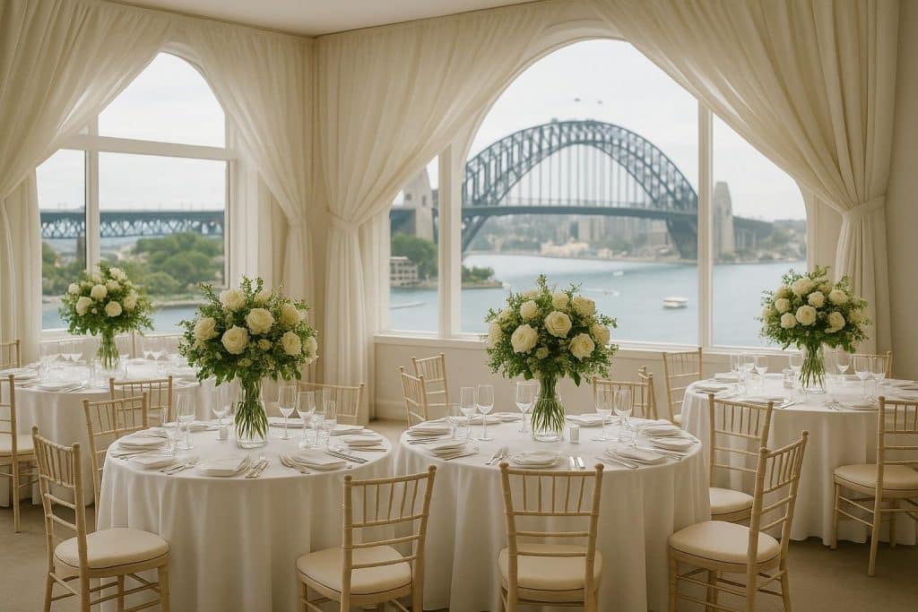 Elegant Sydney wedding reception venue decorated with floral arrangements and banquet tables