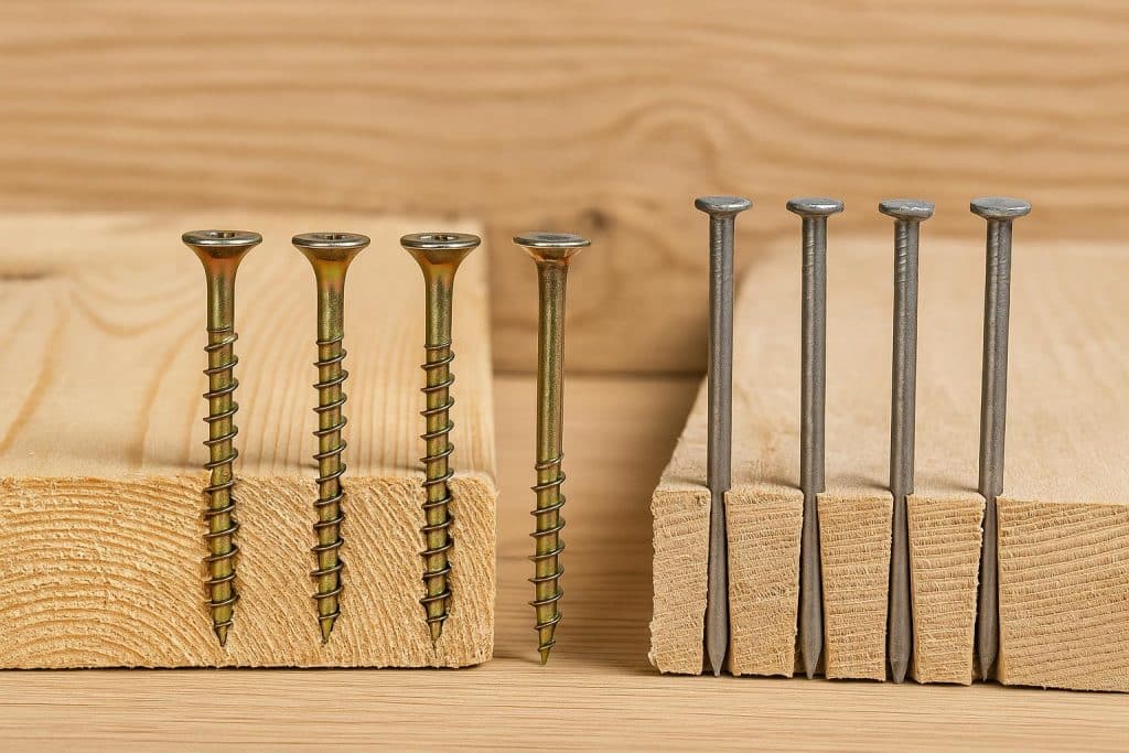 Wood Screws vs. Nails: What Actually Holds Better and When It Matters Close-up of wood screws and nails side by side on a wooden surface for strength comparison