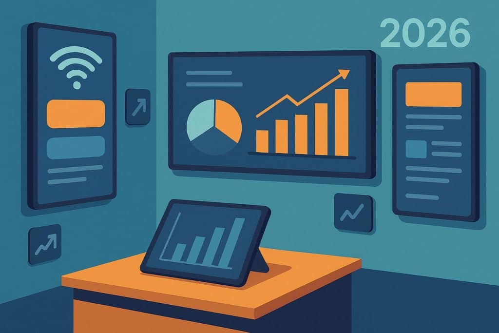 Digital signage software in use on screens displaying business information and marketing content