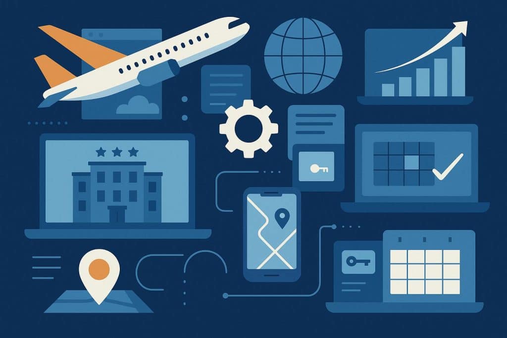 Hospitality manager using travel software dashboard to streamline hotel operations and bookings