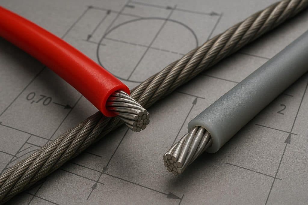 Close-up of nylon and vinyl coated steel cables showing protective layers and engineering details