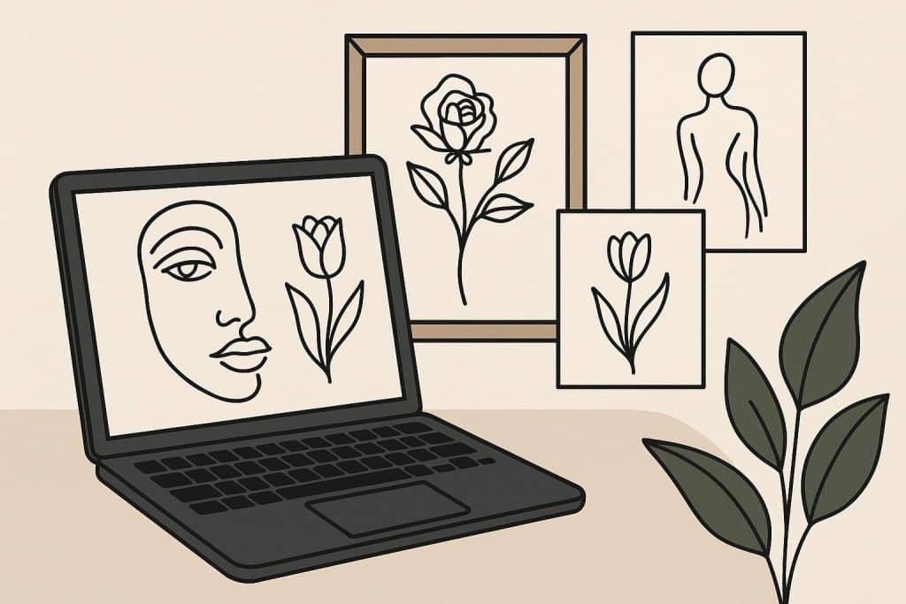 Digital line art illustration showcasing AI drawing software interface and clean printable artwork.