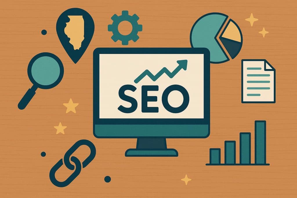 Illinois business professionals analyzing SEO strategy charts and partnership documents