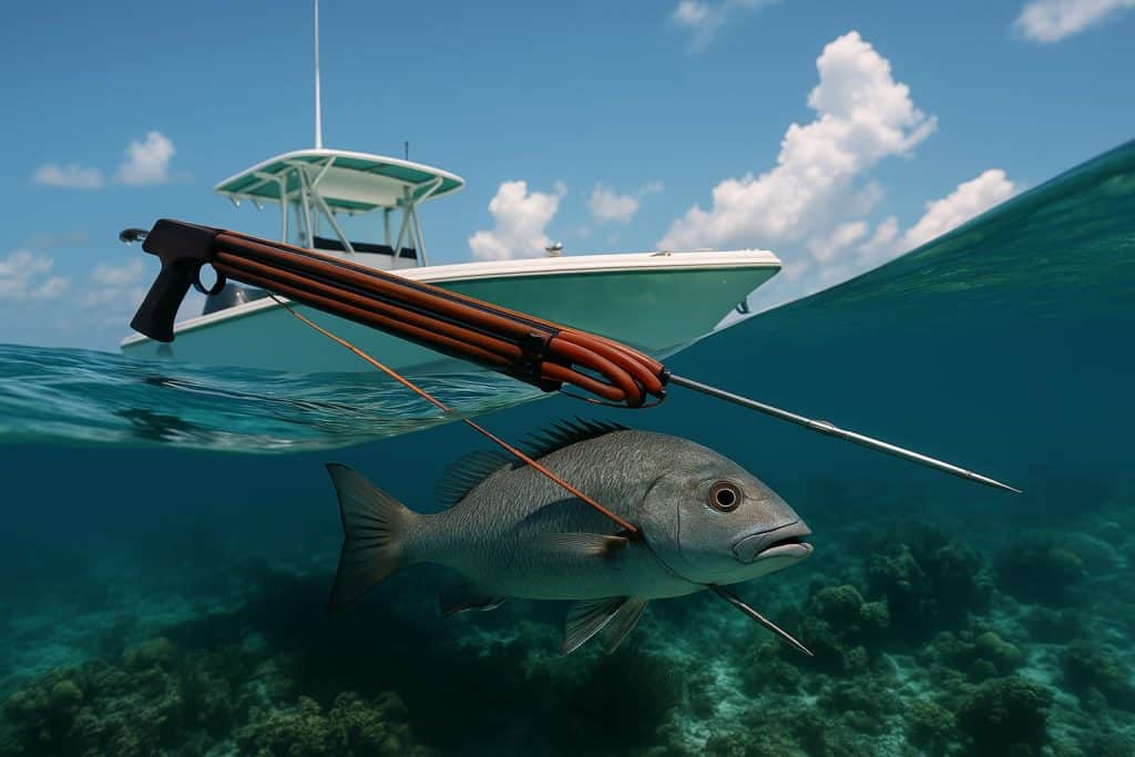 Half-Day and Full-Day Spearfishing Charters in Islamorada, Florida Spearfishing boat on clear waters near Islamorada, Florida, offering half-day and full-day charters