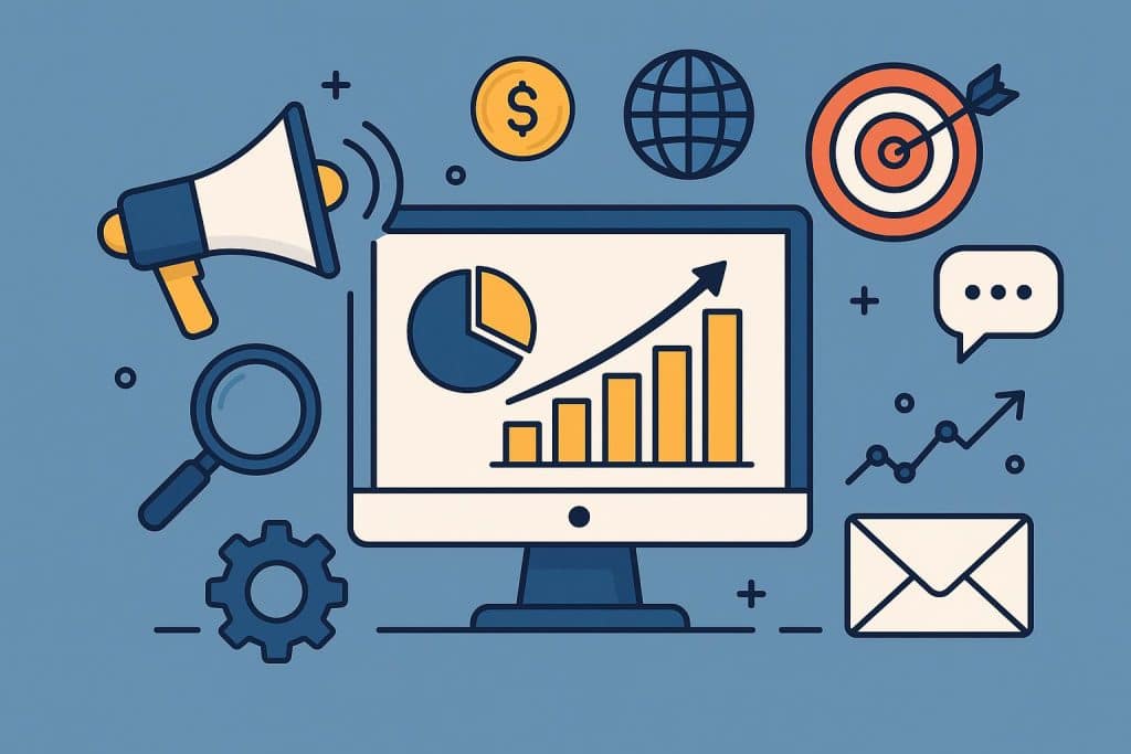 Why Digital Marketing Services Matter More Than Ever for Business Owners Digital marketing strategy concept with analytics charts, SEO icons, and social media symbols