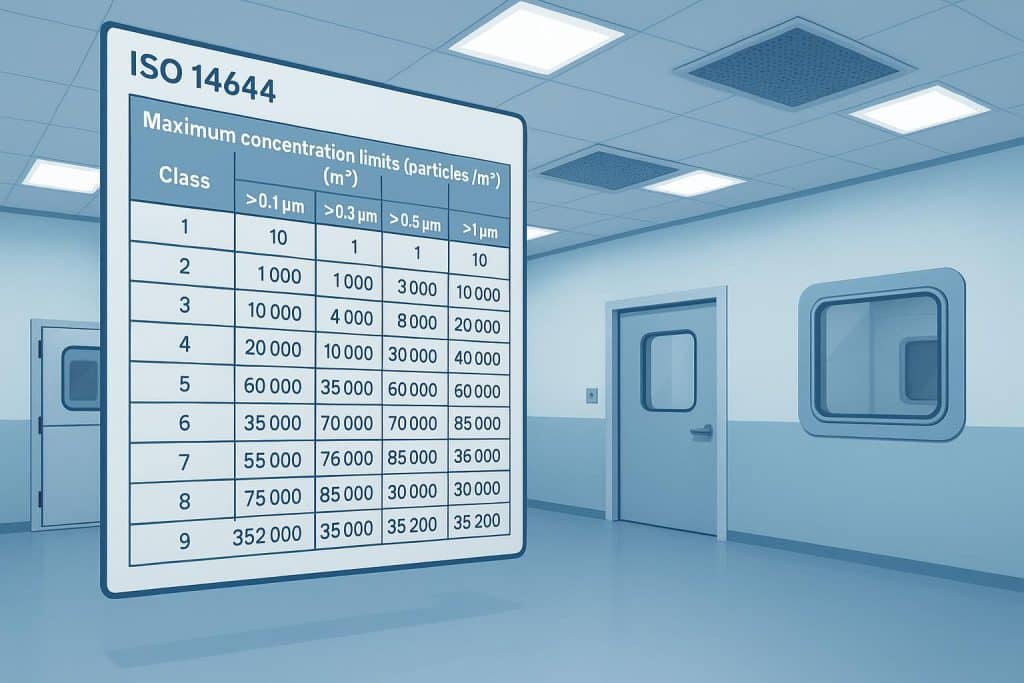 Cleanroom with advanced filtration system demonstrating ISO 14644 classification standards
